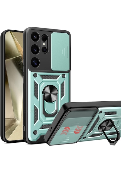 Samsung Galaxy S26 Ultra İle Uyumlu Kılıf Magnetik Standlı Kamera Korumalı Sürgülü Kapak Yeşil