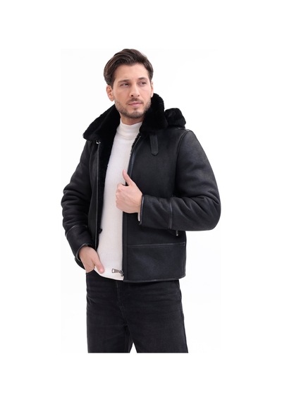M M Marki Marki Hakiki Deri Erkek Mont Siyah İçi Kürklü Çıkma Kapüşonlu Fermuarlı 70 Cm - 507722