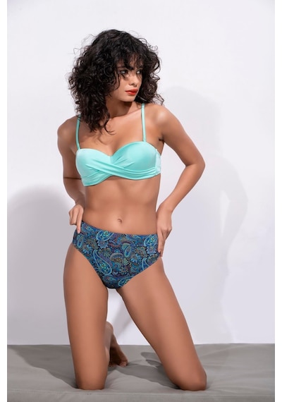 Endeep Kadın Desenli Yüksek Bel Çapraz Detaylı Destekli Bikini Takımı Mavi