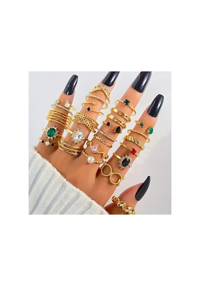 Yasel - 25 Parça Yapay Elmas Taşlı Tasarım Figürlü Şık Vintage & Bohem Çoklu Gold Altın Yüzük Seti