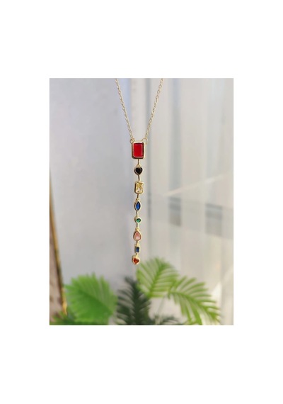 Lunarie Çok Renkli Taşlı Vintage Y Kolye 14k Gold Farklı Kesim Altın