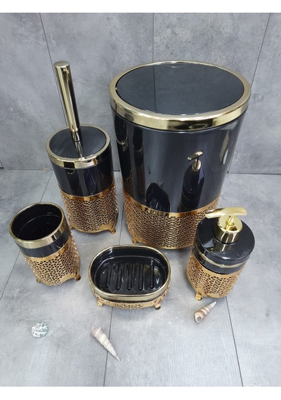 Avangard Siyah Üzeri Gold İşlemeli 5'li Banyo Seti Siyah