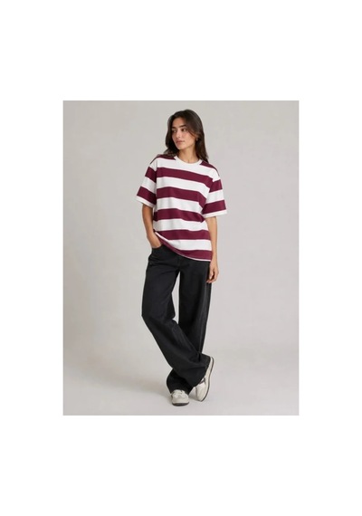 Butik İstanbul Çizgili Oversize Tişört Bisiklet Yaka Kısa Kol Yazlık T-shirt - Bordo