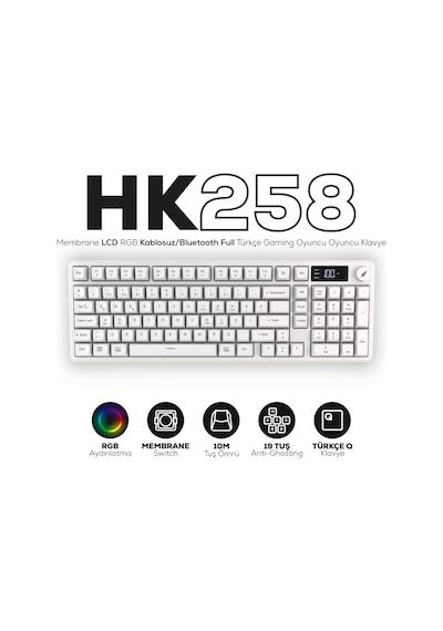 Hk258 Membrane Lcd Rgb Kablosuz/bluetooth Beyaz Full Türkçe Gaming Oyuncu Klavye