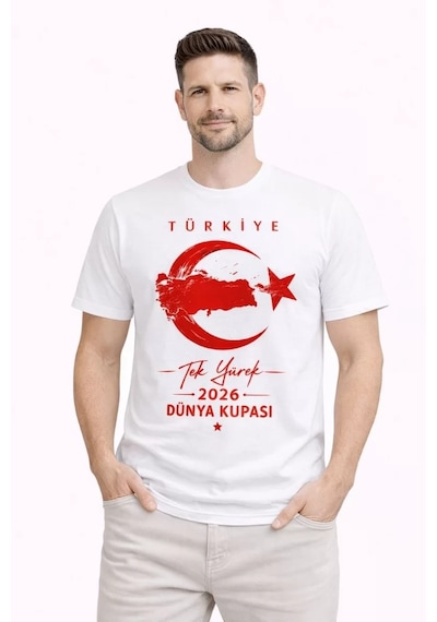 Erkek Türkiye Ay Yıldız Baskılı Taraftar Forma T-shirt - Beyaz
