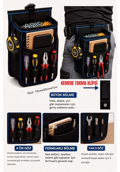 Bel Tipi Alet Çantası Hırdavat Çantası Çivi Vida Dübel Kesesi Çok Fonksiyonlu Organizer 13cmx22cmx7cm