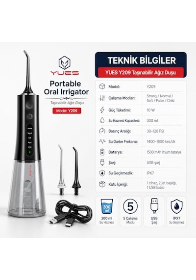 Yues Y209 Taşınabilir Ağız Duşu, Şarjlı Oral Irrigator, 300 Ml Su Hazneli Diş Duşu, 5 Modlu Diş Arası Temizleyici, Ipx7 Su Geçirmez, Usb Şarjlı, 2 Başlıklı