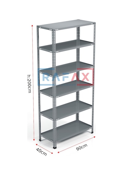Rafax, 40x90xH:200, 6 Raflı Çelik Raf, Depo Rafı, Arşiv Rafı Gri