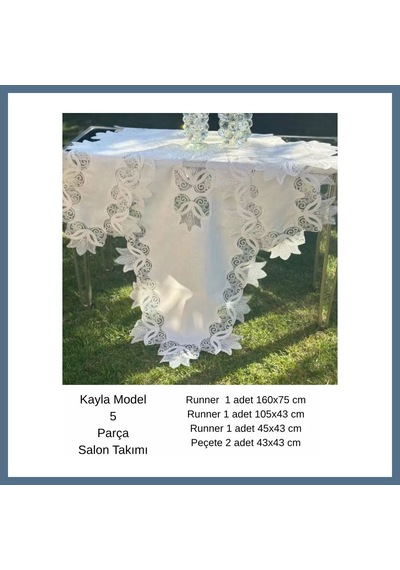Buradabulabilirsin Salon Takımı 5 Parça Keten Masa Örtüsü Runner Seti Çeyizlik Kayla Model No 22252 Krem-gümüş Bbz