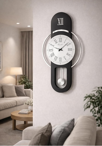 Hareketli Sarkaç, Cam Yüzeyli, Metal Halkalı, Dekoratif Duvar Saati - Roma 70cm Siyah Gümüş Diğer