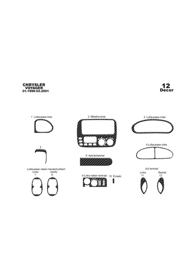 Chrysler Voyager Torpido Kaplama 1996-2001 12 Parça Karbon