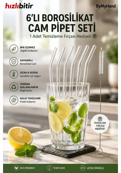 Bymyhand 6'lı Cam Pipet Seti Temizleme Fırçası Hediyeli Şeffaf