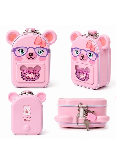 Lucky Bear Kilitli Metal Kumbara Pembe Anahtarlı Para Kutusu 15 Cm Çocuk Kumbarası 001