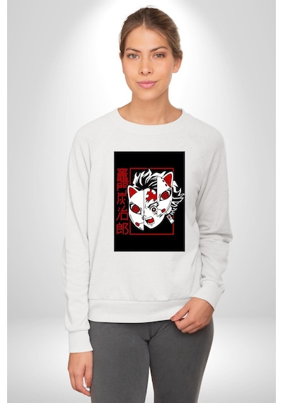 Anime İblis Avcısı Kimetsu No Yaiba Maske Unisex Beyaz Sweatshirt Beyaz
