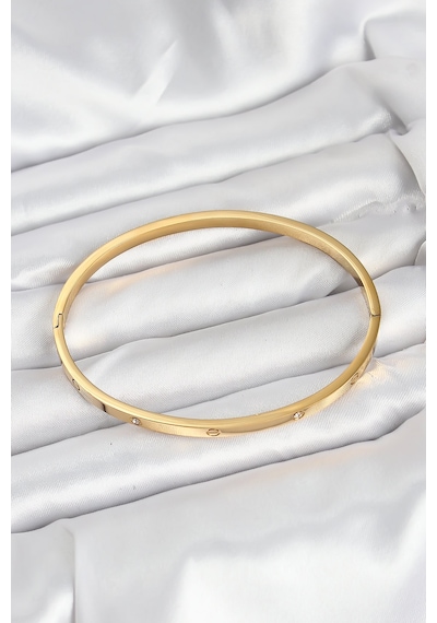 316l Çelik Gold Renk Zirkon Taşlı 65 Mm İnce Kadın Kelepçe Bileklik Altın