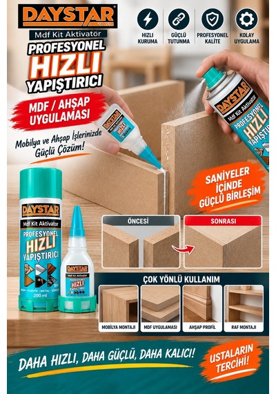 Daystar Profesyonel Hızlı Yapıştırıcı 3 Lü Set Mdf Ahşap Plastik Metal Uyumlu Aktivatörlü Güçlü Ya