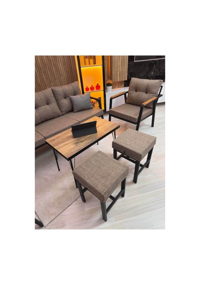 Houseart Balkon, Bahçe - Metal Kanepe Koltuk Takımı 3+1+1 + 2 Adet Puf + Sehpa Cappuccino Houseart Balkon, Bahçe - Metal Kanepe Koltuk Takımı 3+1+1 + 2 Adet Puf + Sehpa Cappuccino