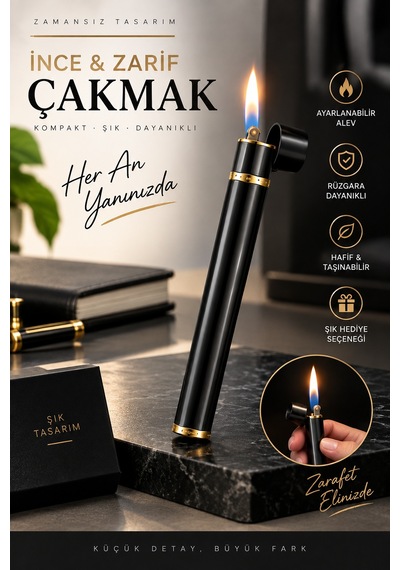 İnce Kalem Tasarımlı Gaz Dolumlu Metal Kapaklı Premium Siyah