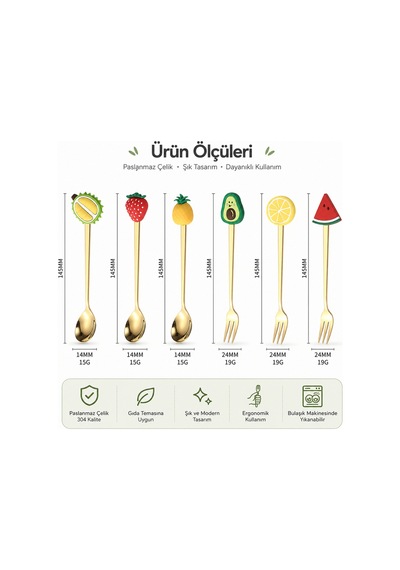 Meyve Figürlü Premium Çocuk Cadı Figürlü Paslanmaz Çelik Uçlu Çatal-kaşık Set, 6 Parça 24+ Ay