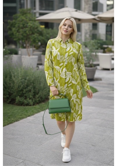 Polologin Butik Yaprak Desenli Pamuklu Gömlek Elbise Yeşil Beyaz Yeşil
