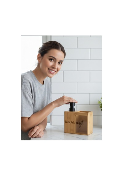 Bambu İkili Banyo Seti - Sıvı Sabunluk & Diş Fırçalık Bambu Banyo Lavabo Organizer Krem