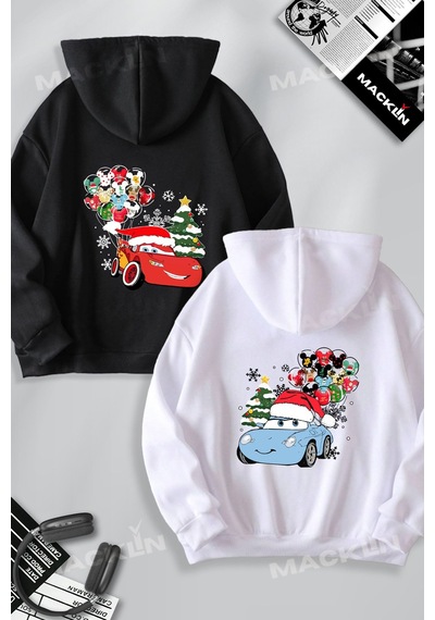 Macklin Sevgili Çift Kombin Mcqueen Ve Sally Baskılı Yılbaşı Özel Tasarım Kapüşonlu Sweatshirt 2li Set Takım Siyah Beyaz Mck1553 Çok Renkli