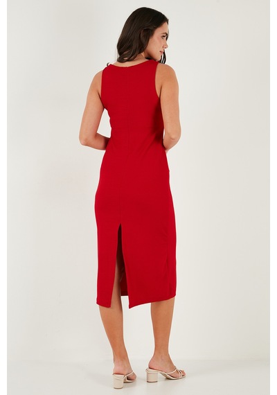 Lela Fitilli Slim Fit Bisiklet Yaka Yırtmaçlı Midi Boy Bayan Elbise 5866101 Kırmızı