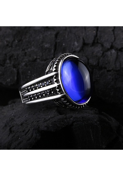 925 Ayar Gümüş Mavi Oval Taşlı Erkek Yüzük Silver