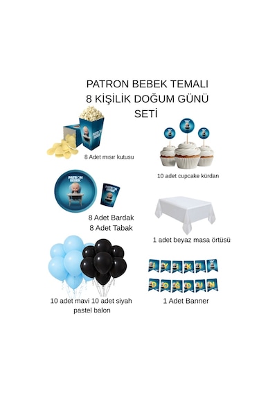 Patron Bebek Temalı 8 Kişilik Doğum Günü Seti Beyaz