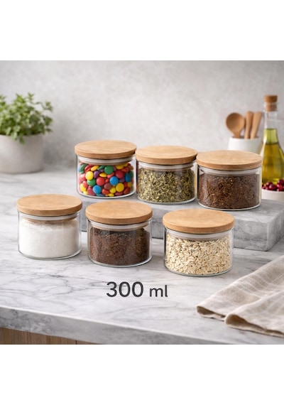 Tr 300 Ml Cam Kavanoz Seti 6'li Ahşap Kapaklı, Hava Geçirmez Saklama Kavanozu, Baharat Kahvaltılık Atı Genel