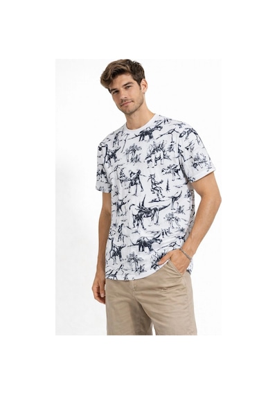 Barlashive Erkek Dinozor Dijıtal Ön Ve Arka Baskılı Tişört Bisiklet Yaka T-shirt - Beyaz Çok Renkli