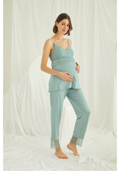 Monamise 18469 Kadın Açık Yeşil Dantelli Hamile Lohusa 3'lü Askılı Sabahlıklı Pijama Takımı