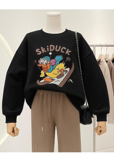 Benroma 3 İplik Penye Skiduck Baskılı Unisex Sweatshırt SIYAH