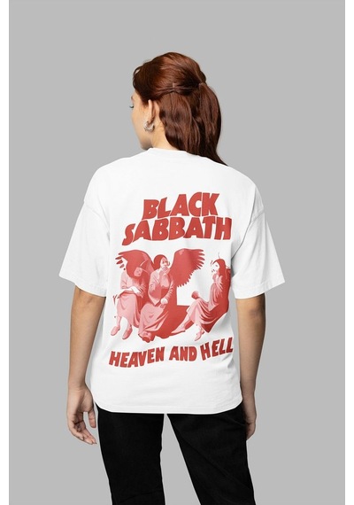 Sevbano Black Sabbath Heaven And Hell Yazılı Unisex Oversize Müzik Grubu Beyaz