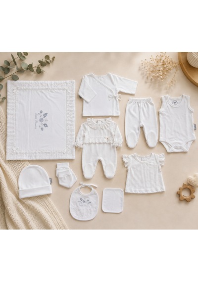 Babyhola Dantel Detaylı %100 Pamuk Yenidoğan Kız Bebek Kutulu Hastane Çıkışı Set Hediyelik 15261 Ekru