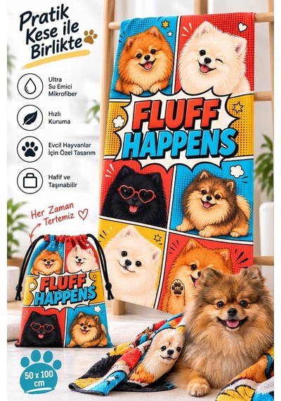 Kedi & Köpek Kurulama Havluları Pomeranian Desenli Hızlı Kuruyan 50x100cm