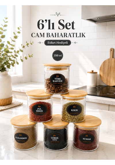 12'li Çizgili Cam Baharatlık Seti - Etiket Hediyeli Ahşap Kapaklı Organizer Baharat Saklama Kabı Çerezlik 350ml Şeffaf