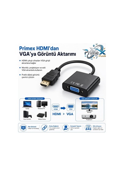 Primex Px-1240s Hdmı To Vga Çevirici Adaptör, Hdmı Erkek Vga Dişi, 30 Cm, Full Hd Görüntü Dönüştürücü