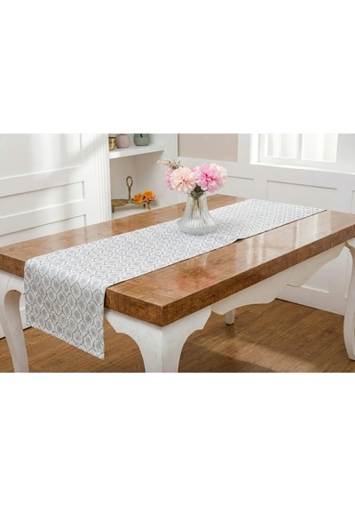 Melisa Damask Baskılı Duck Kumaş Krem Gri Runner 40x140 Cm 502 Krem