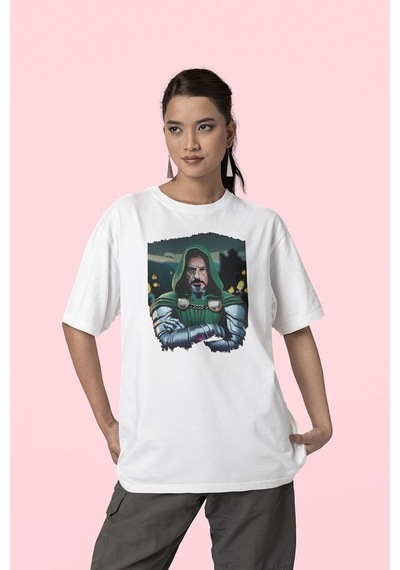 Doom Baskılı Unisex Tişört, Oversize Doctor Doomstay Marvel Karak Beyaz