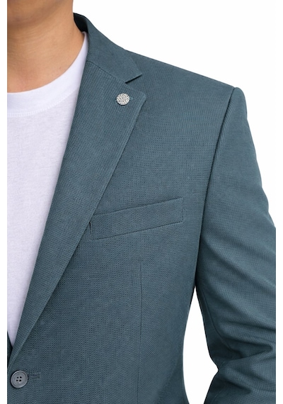 Erkek Slim Fit Mikro Dokulu Takım Elbise Çift Düğmeli Modern Kesim Petrol