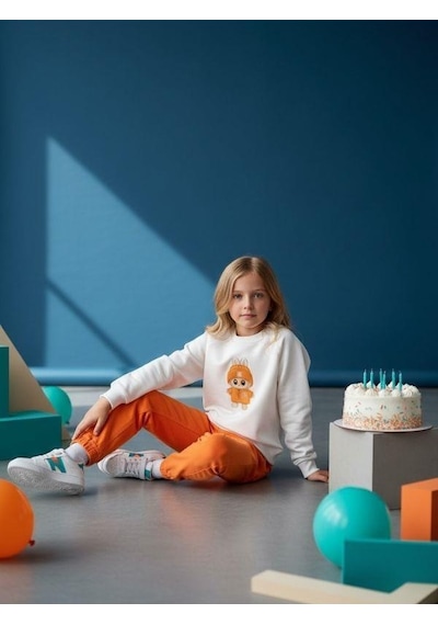 Kız Çocuk Pamuklu Karakter Baskılı Oversize Tasarım Sweatshirt-16454 Beyaz