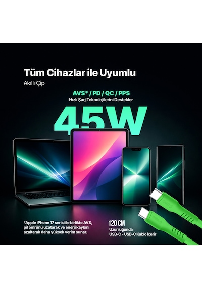 Ttec Smartcharger Gan 45W Avs PD Seyahat Hızlı Şarj Aleti + USB-C - USB-C 3A 120 CM Kablo Neon Yeşil