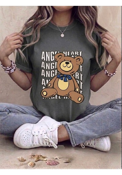 Unisex Ayıcık Baskılı Kompakt T-shirt Gri