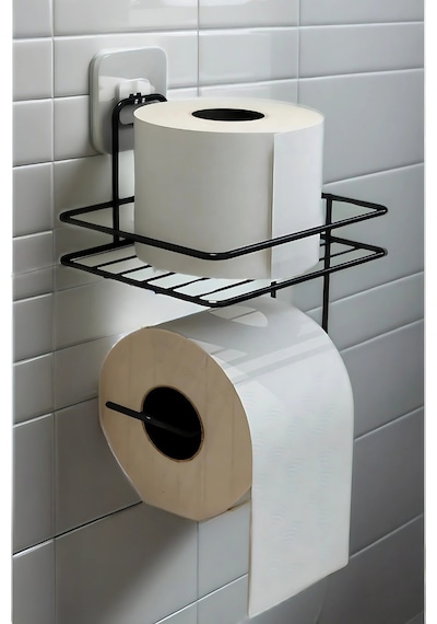 Buççin Online Mağaza Siyah Metal Yapışkanlı Tuvalet Kağıdı Tutucu Raflı Modern Banyo Aksesuarı Metal Tuvalet Kağıtlık M Çok Renkli