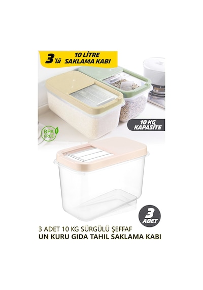Multibox 10 Litre Sürgülü Kapak Çok Amaçlı Un Erzak Kuru Bakliyat Erzak Saklama Kabı 3 Adet 10lt