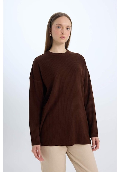 DeFacto Relax Fit Bisiklet Yaka Basic Düz Triko Tunik Kazak E2938AX24WNBN320 Kahve