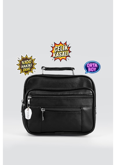 Westbag Erkek Siyah Yatay Model Çelik Kasalı Hakiki Deri El Ve Omuz Çantası Orta Boy