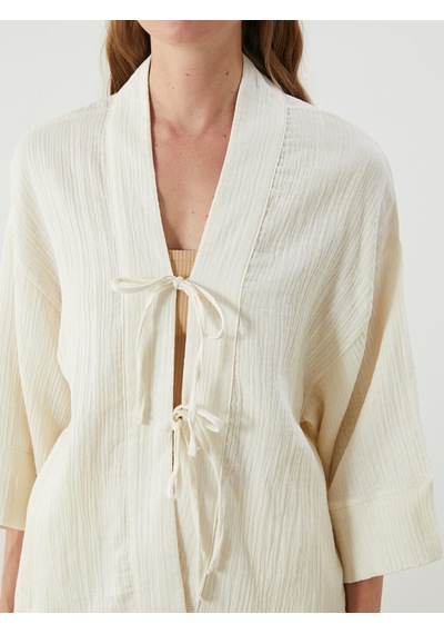 Lcw Vision Beyaz Şal Yaka Dokulu Oversize Kadın Kimono