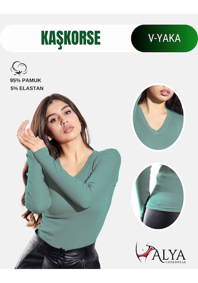Alya Underwear Pamuklu Kaşkorse V Yaka Body Sweatshirt, Fitilli Kumaş Likralı Bluz, Asker Yeşili Badi Okaliptus